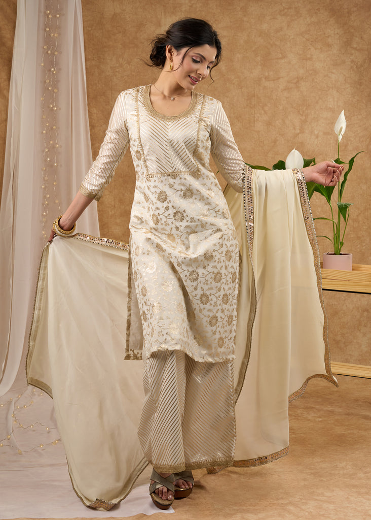 Classy white brocade lace kurti, perfect for celebrations with brocade palazzo Dupatta optional