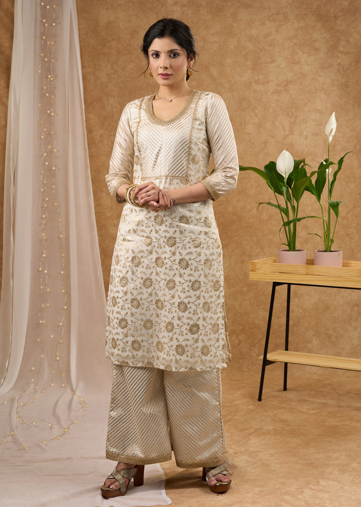 Classy white brocade lace kurti, perfect for celebrations with brocade palazzo Dupatta optional