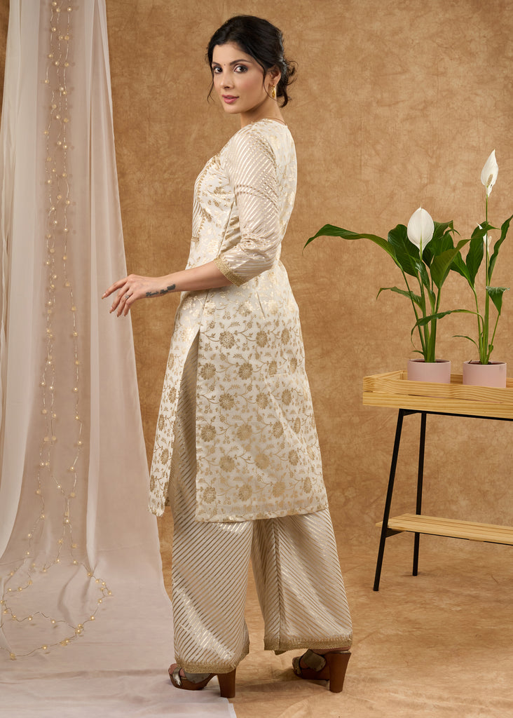 Classy white brocade lace kurti, perfect for celebrations with brocade palazzo Dupatta optional