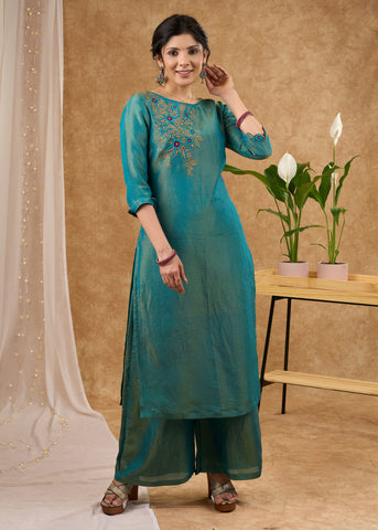 Luxurious teal tissue kurta with intricate embroidery Tissue pant optional