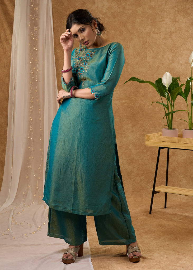 Luxurious teal tissue kurta with intricate embroidery Tissue pant optional