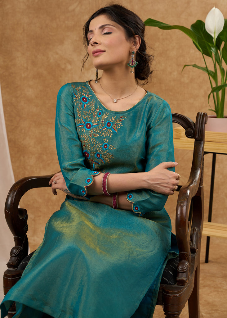 Luxurious teal tissue kurta with intricate embroidery Tissue pant optional