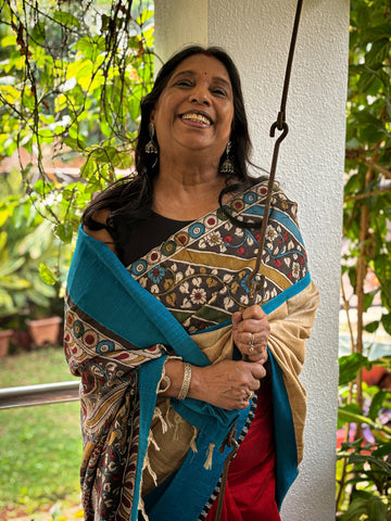 Combination of tussar silk and chanderi pleats saree with hand painted kalamkari pallu