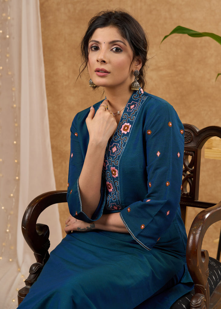 Stylish & vibrant embroidered peacock cotton silk kurta Pant optional