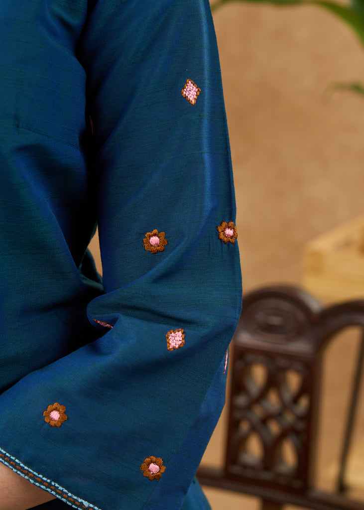 Stylish & vibrant embroidered peacock cotton silk kurta Pant optional