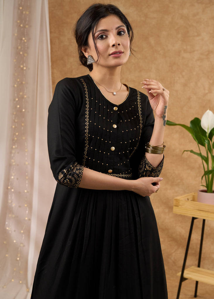 Trendy black rayon kurta featuring pintucks with stylish yoke  Pant Optional