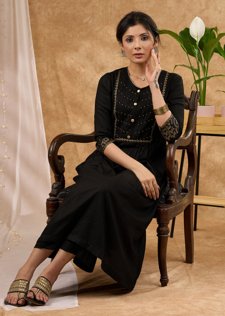 Trendy black rayon kurta featuring pintucks with stylish yoke  Pant Optional