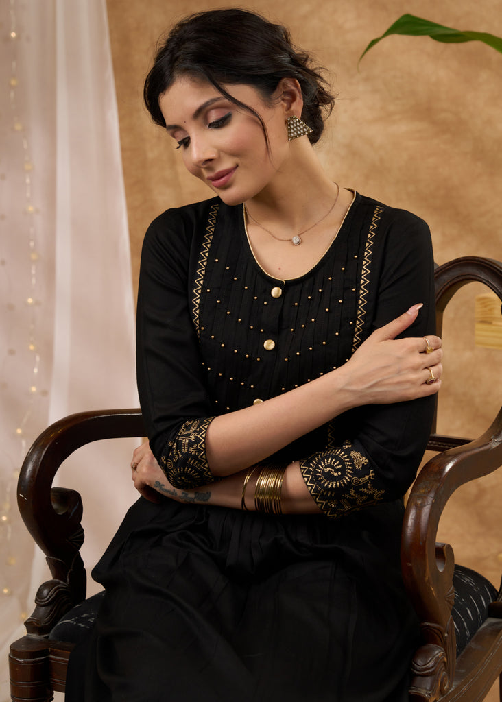 Trendy black rayon kurta featuring pintucks with stylish yoke  Pant Optional