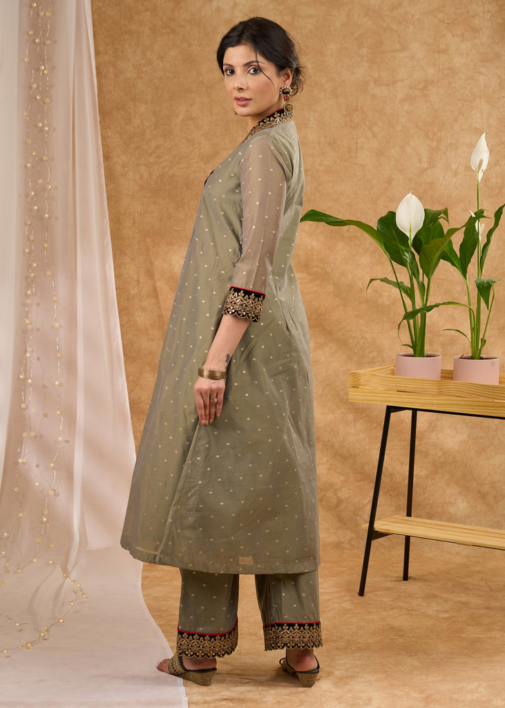 Elegant olive chanderi kurta with embellished collar Pant optional