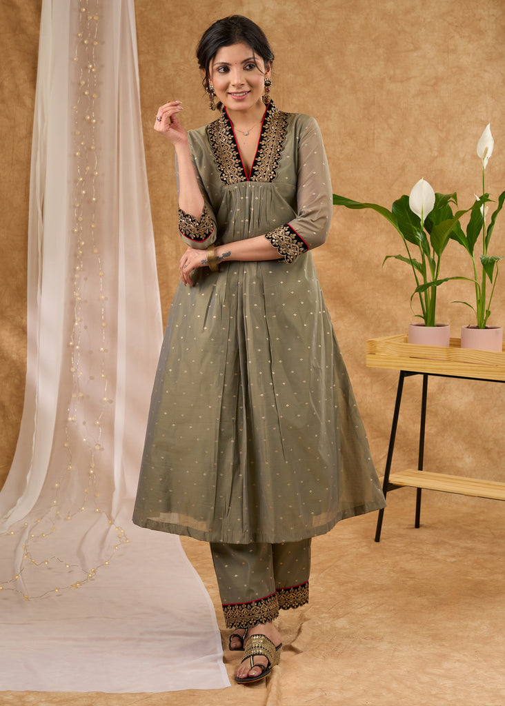 Elegant olive chanderi kurta with embellished collar Pant optional