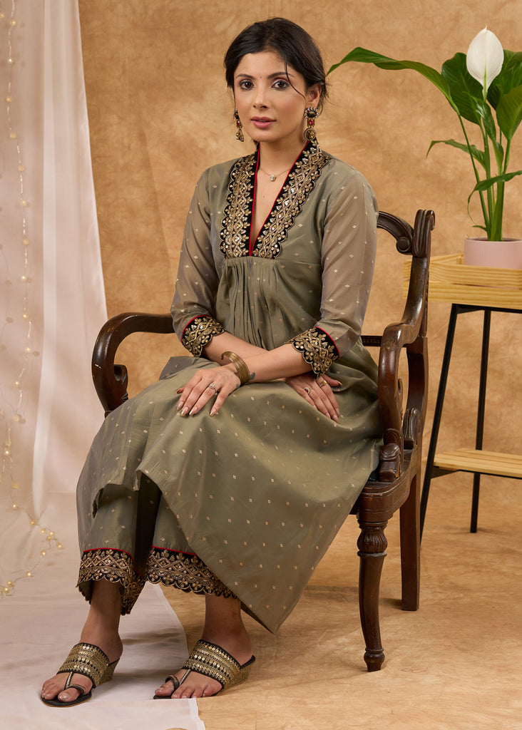 Elegant olive chanderi kurta with embellished collar Pant optional