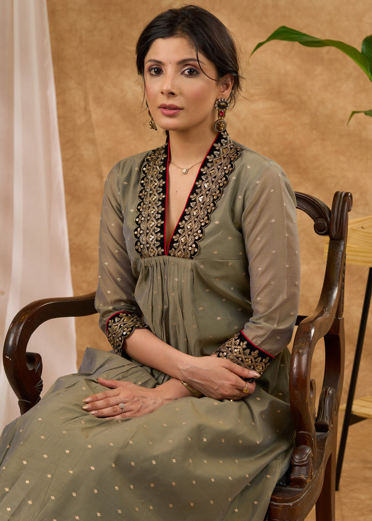 Elegant olive chanderi kurta with embellished collar Pant optional