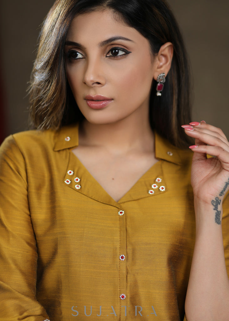 Mustard Cotton Silk Top with Elegant Stone Work