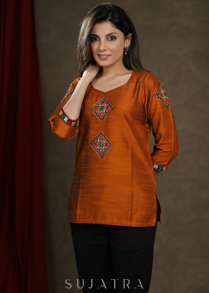 Rust Cotton Silk Top with Kutch Work Patches