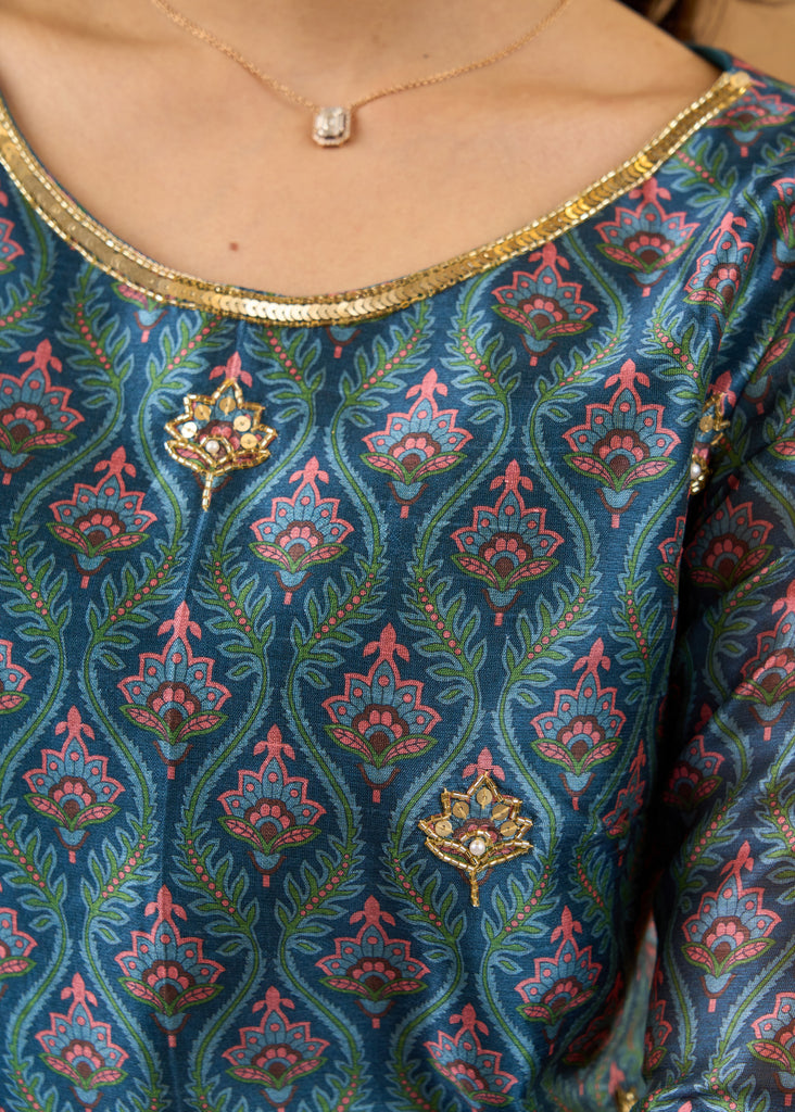 Exclusive hand embroidered Chanderi kurta with exquisite print Pant optional