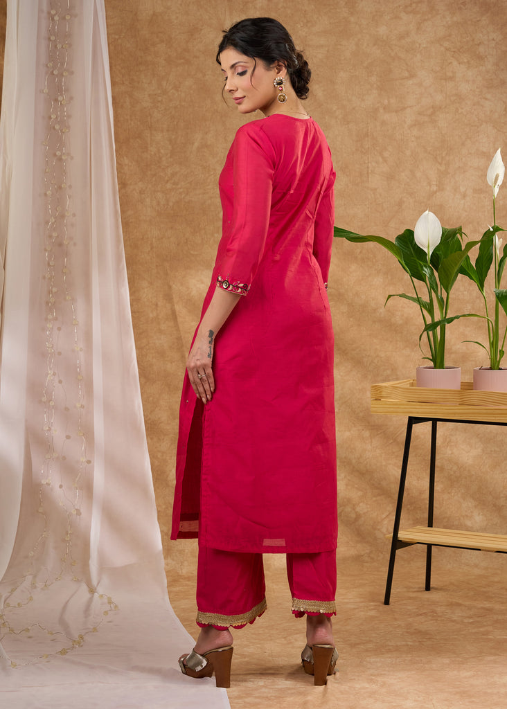 Delicately hand embroidered pink Chanderi kurta with Pant Dupatta optional