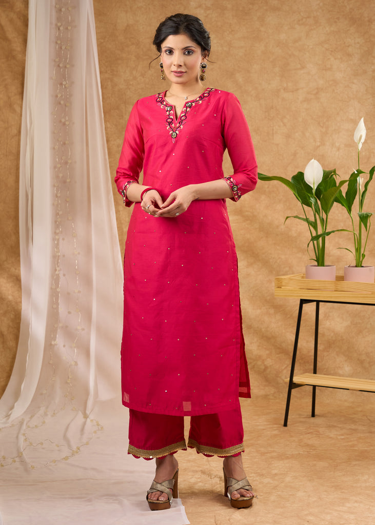 Delicately hand embroidered pink Chanderi kurta with Pant Dupatta optional