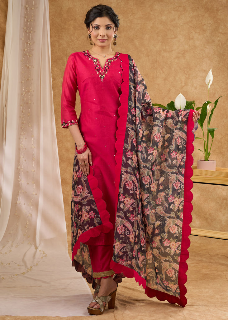 Delicately hand embroidered pink Chanderi kurta with Pant Dupatta optional