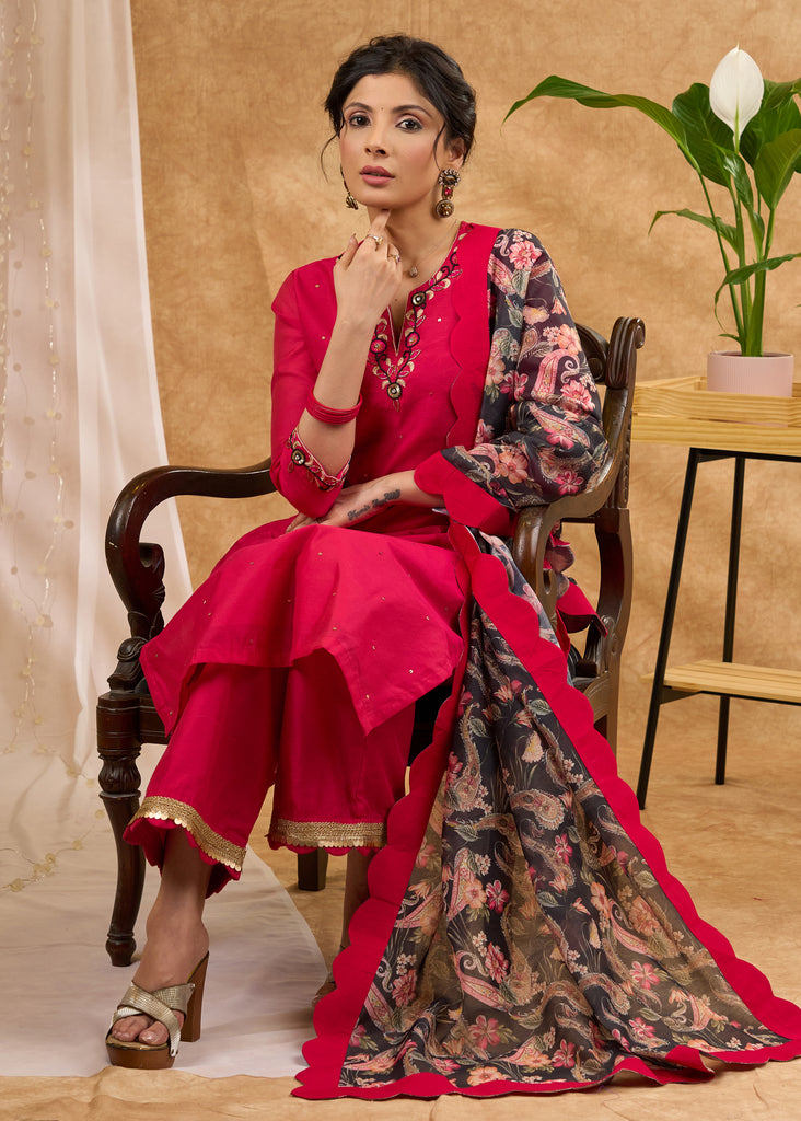 Delicately hand embroidered pink Chanderi kurta with Pant Dupatta optional