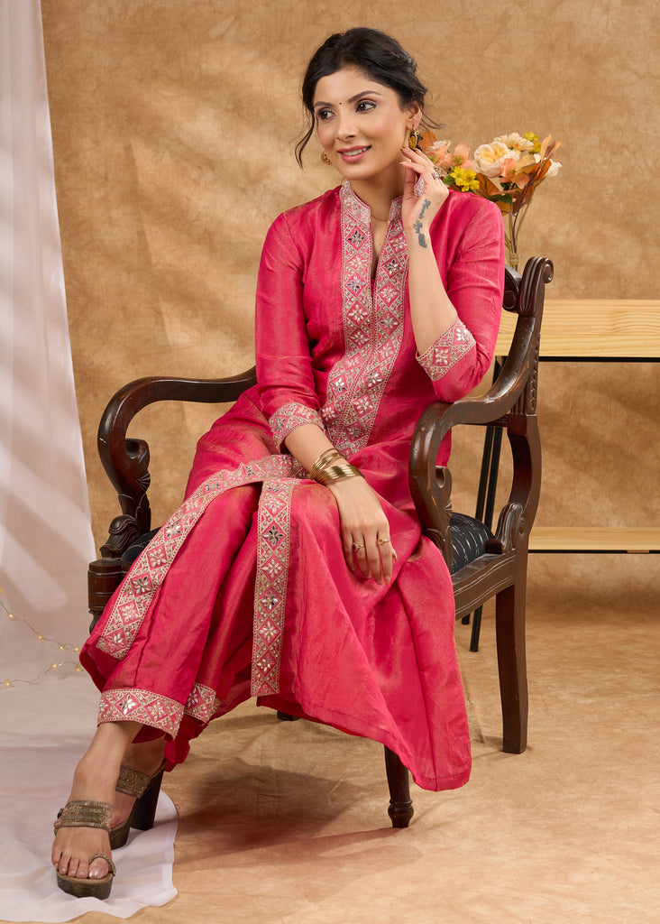 Delicate pink kurta with subtle highlights and details Tissue pant optional