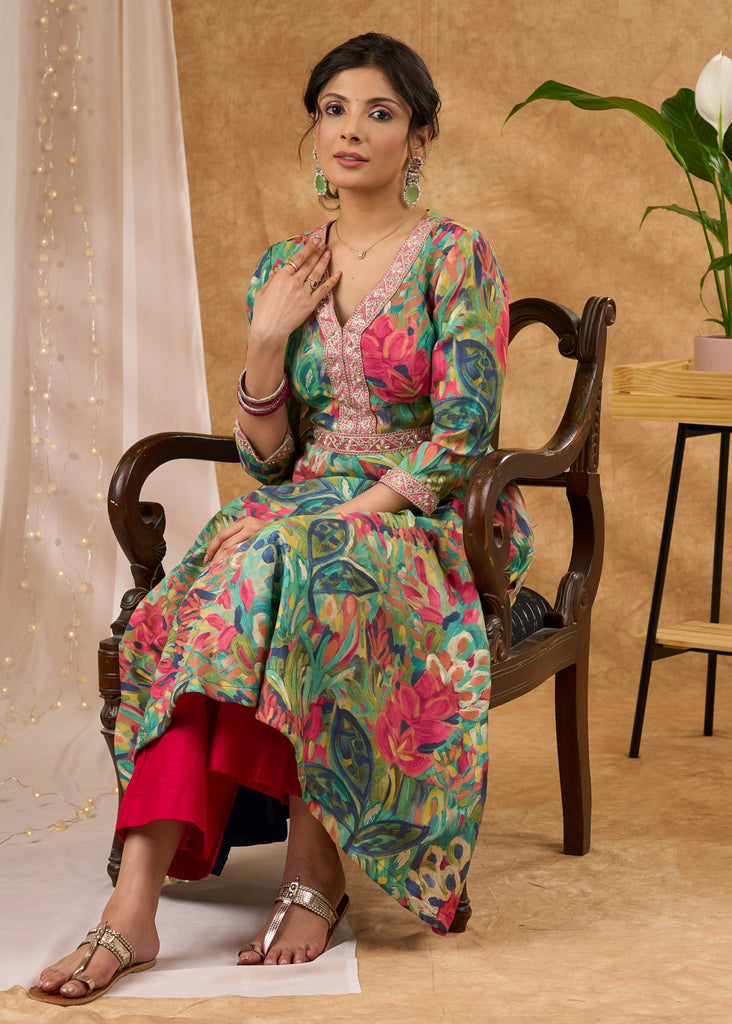 Embroidered flared printed kurta with beautiful detailing Pant optional