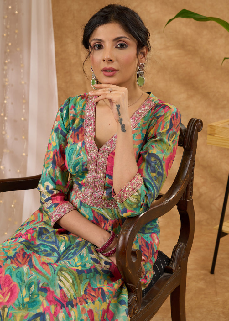 Embroidered flared printed kurta with beautiful detailing Pant optional