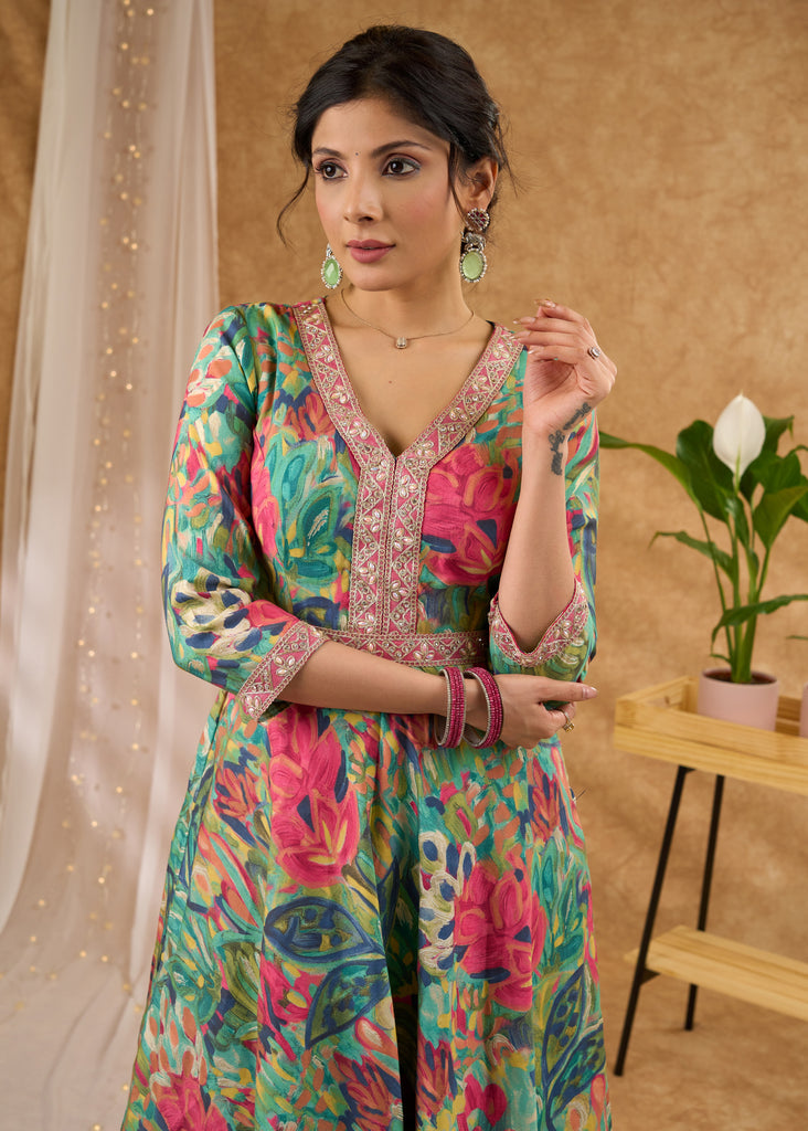 Embroidered flared printed kurta with beautiful detailing Pant optional