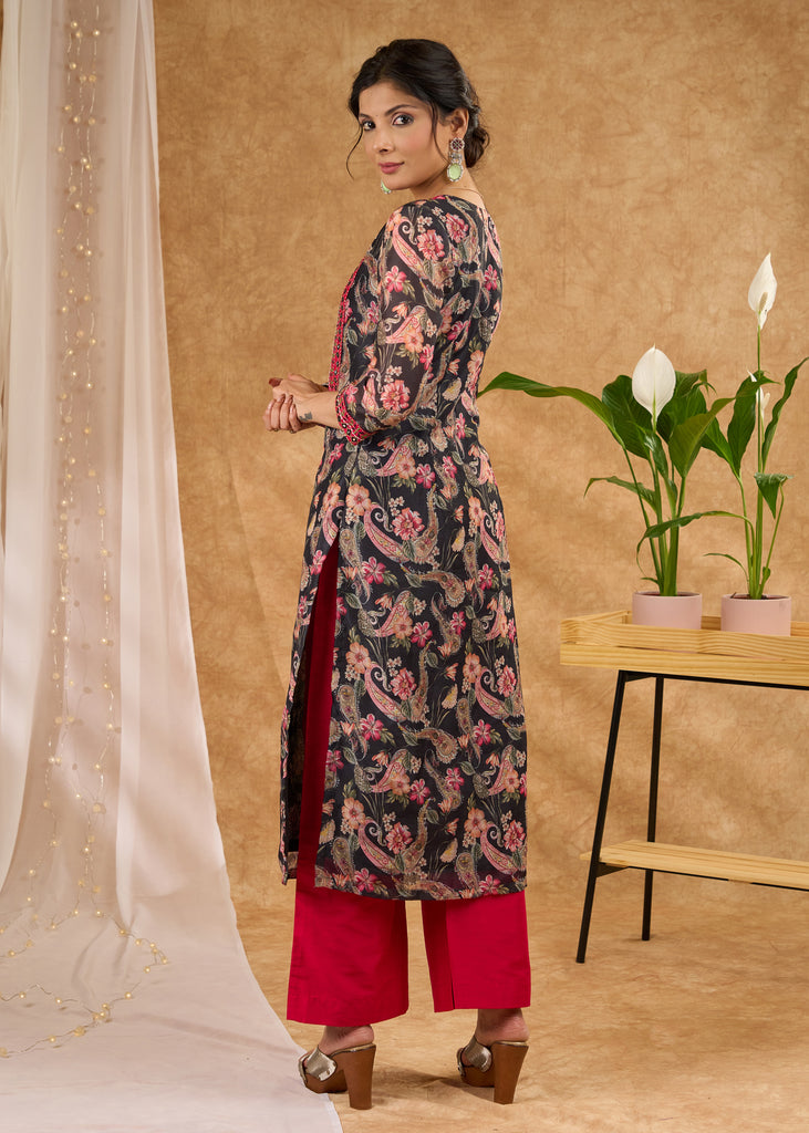 Printed Chanderi kurta with exclusive embroidery with pant Dupatta optional