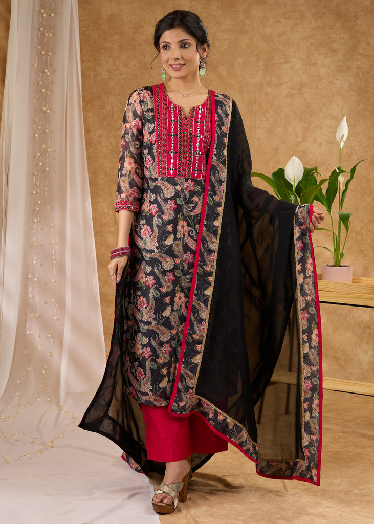 Printed Chanderi kurta with exclusive embroidery with pant Dupatta optional