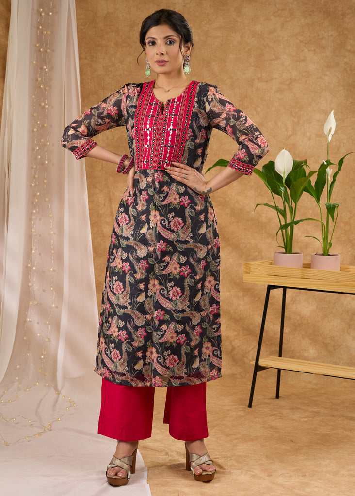 Printed Chanderi kurta with exclusive embroidery with pant Dupatta optional