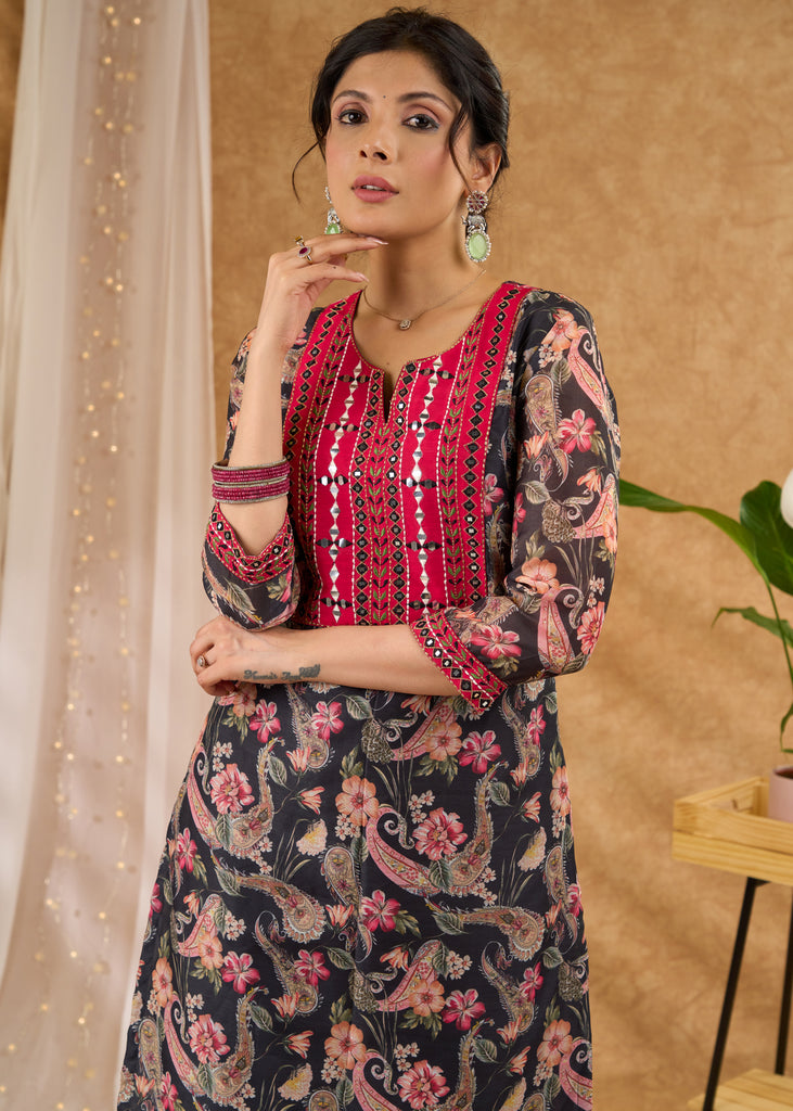 Printed Chanderi kurta with exclusive embroidery with pant Dupatta optional