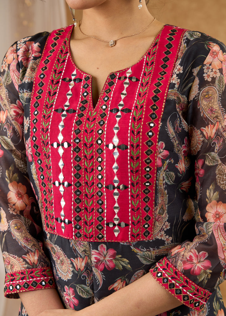 Printed chanderi kurta with exclusive embroidery pant optional