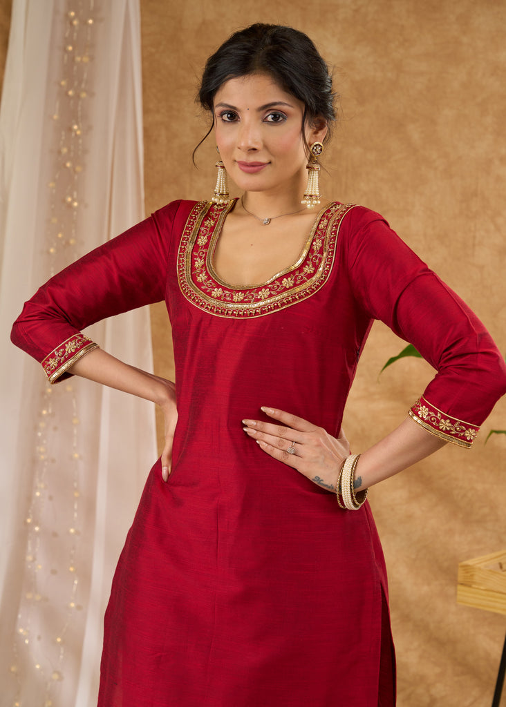 Graceful hand embroidered maroon cotton silk kurta Pant Optional