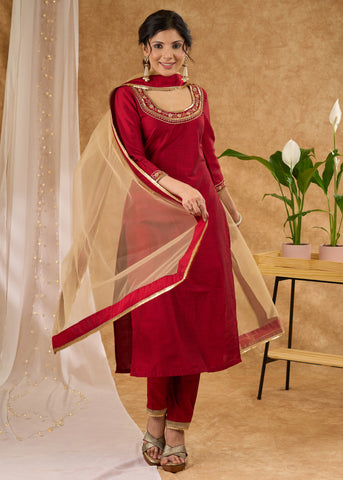 Graceful hand embroidered maroon cotton silk kurta Dupatta optional