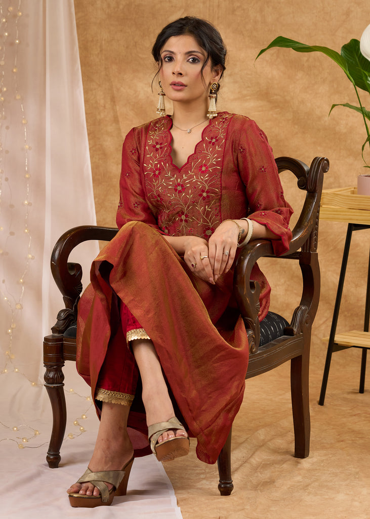 Exclusive rust pure tissue kurta with intricate embroidery Pant Optional