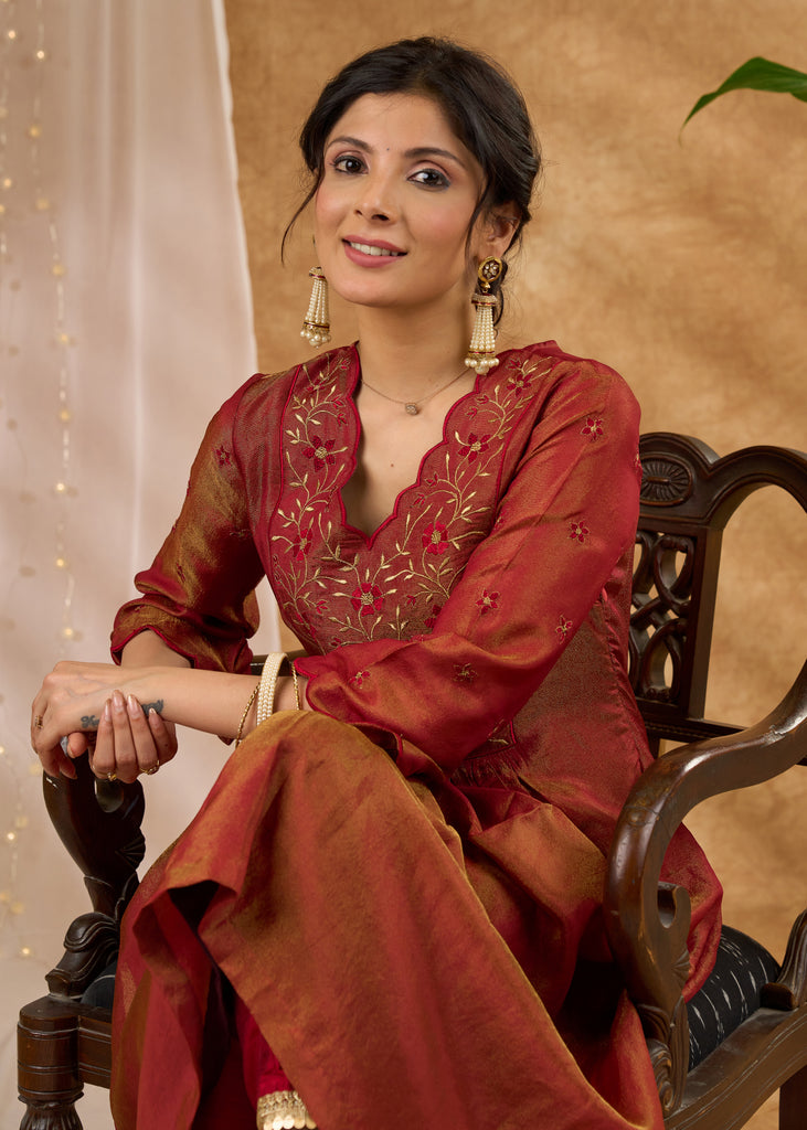 Exclusive rust pure tissue kurta with intricate embroidery Pant Optional