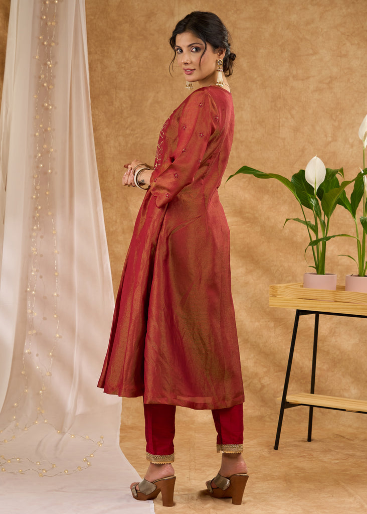 Exclusive rust pure tissue kurta with intricate embroidery Pant Optional