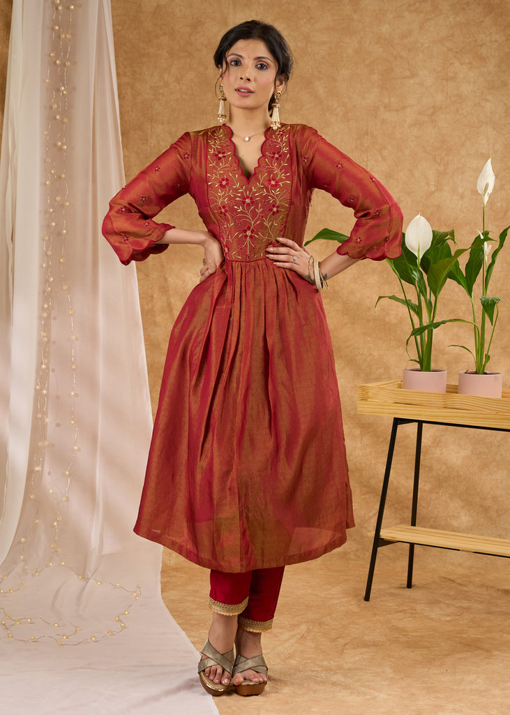 Exclusive rust pure tissue kurta with intricate embroidery Pant Optional