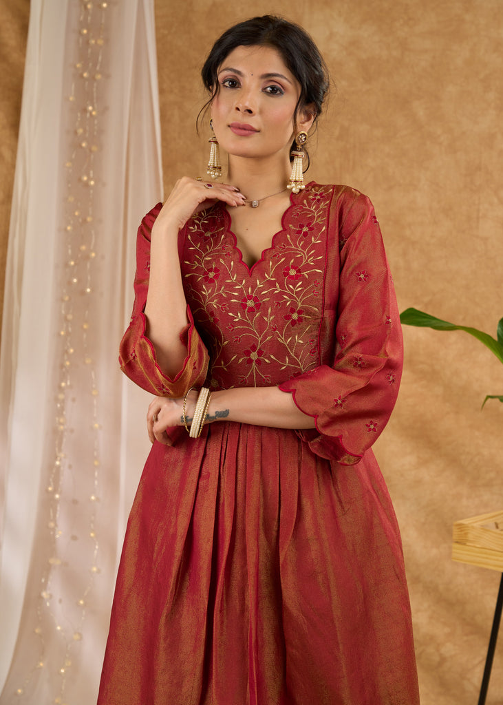 Exclusive rust pure tissue kurta with intricate embroidery Pant Optional