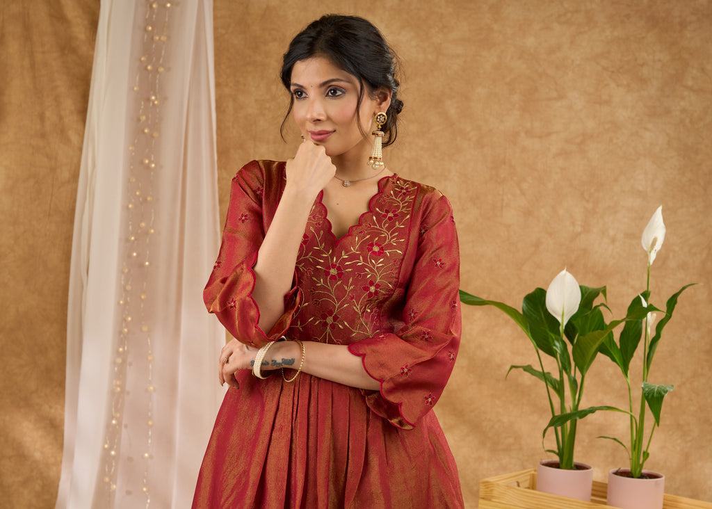 Exclusive rust pure tissue kurta with intricate embroidery Pant Optional