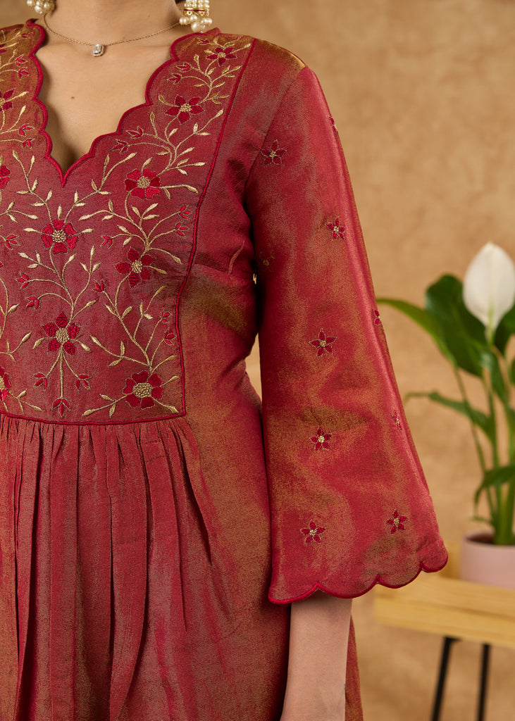 Exclusive rust pure tissue kurta with intricate embroidery Pant Optional