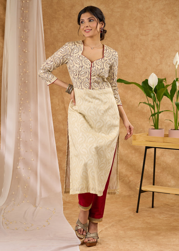 Exclusive embroidered self design cotton kurta Pant optional