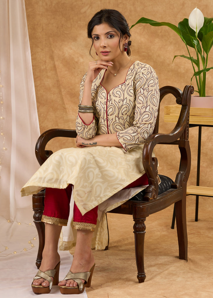 Exclusive embroidered self design cotton kurta Pant optional