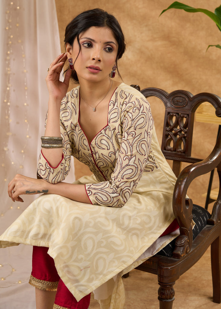 Exclusive embroidered self design cotton kurta Pant optional