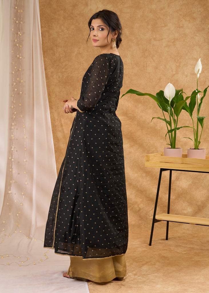 Standout black chanderi with gold embellished A line kurta Pant optional