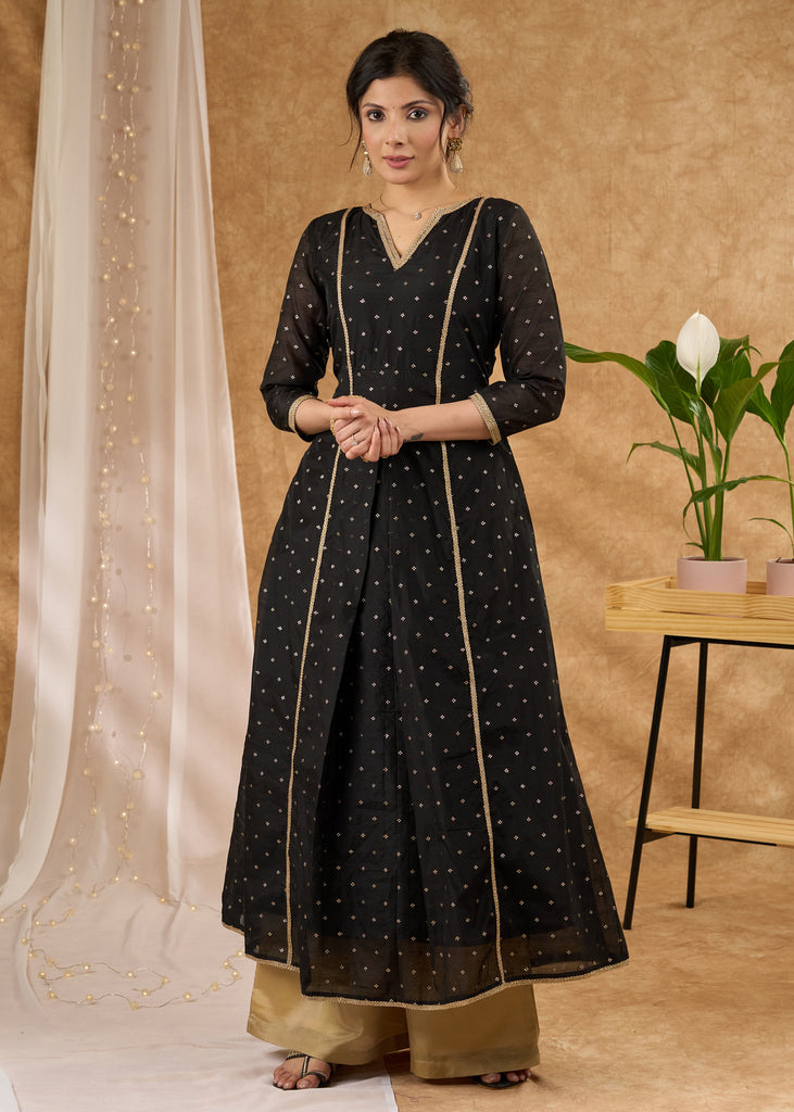 Standout black chanderi with gold embellished A line kurta Pant optional