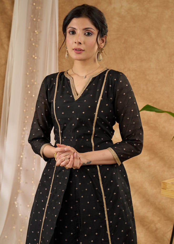 Standout black chanderi with gold embellished A line kurta Pant optional