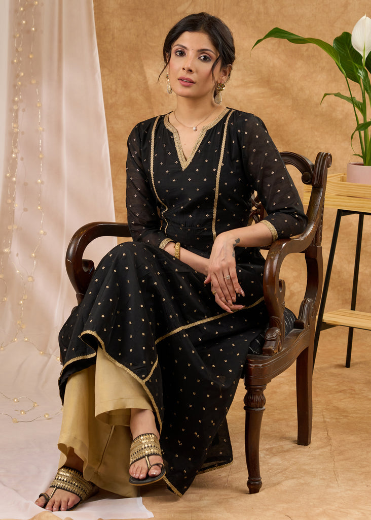 Standout black chanderi with gold embellished A line kurta Pant optional