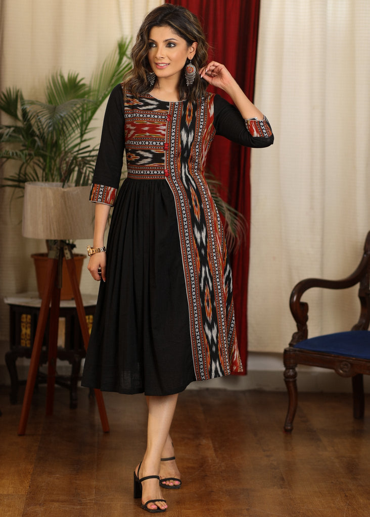 ON-SALE-elegant-gathered-black-cotton-dress-with-ikat-combination