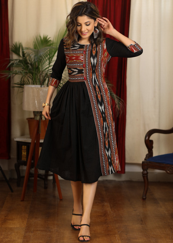 ON-SALE-elegant-gathered-black-cotton-dress-with-ikat-combination